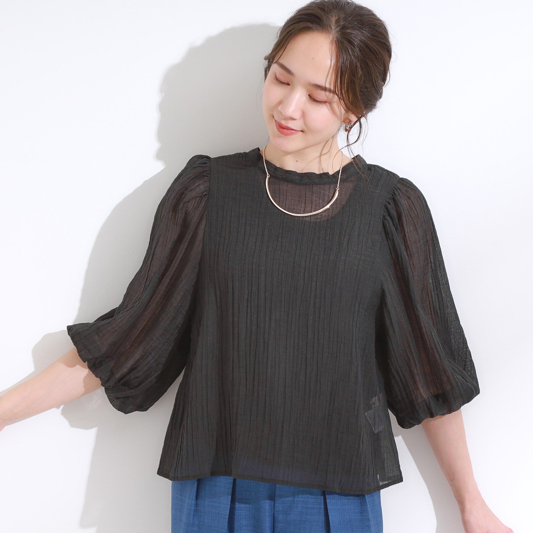 SHOO･LA･RUE「【S-LL/前後2WAY】バルーンスリーブが華やか こなれ見えシアーブラウス」|シャツ・ブラウス|