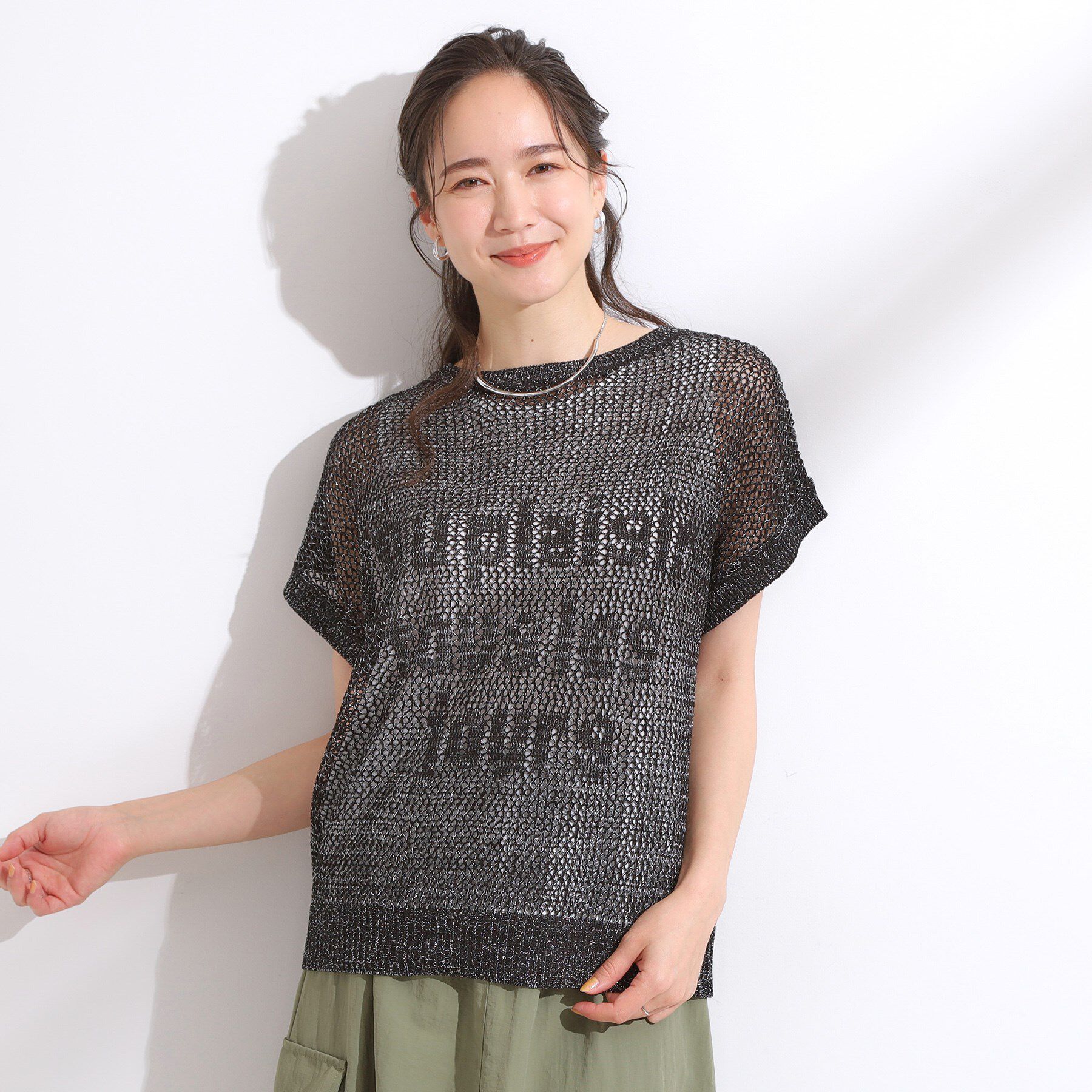 SHOO･LA･RUE「【2点セット/S-LL】キラリと光るラメがポイント メッシュロゴニット+タンクトップ」|その他|