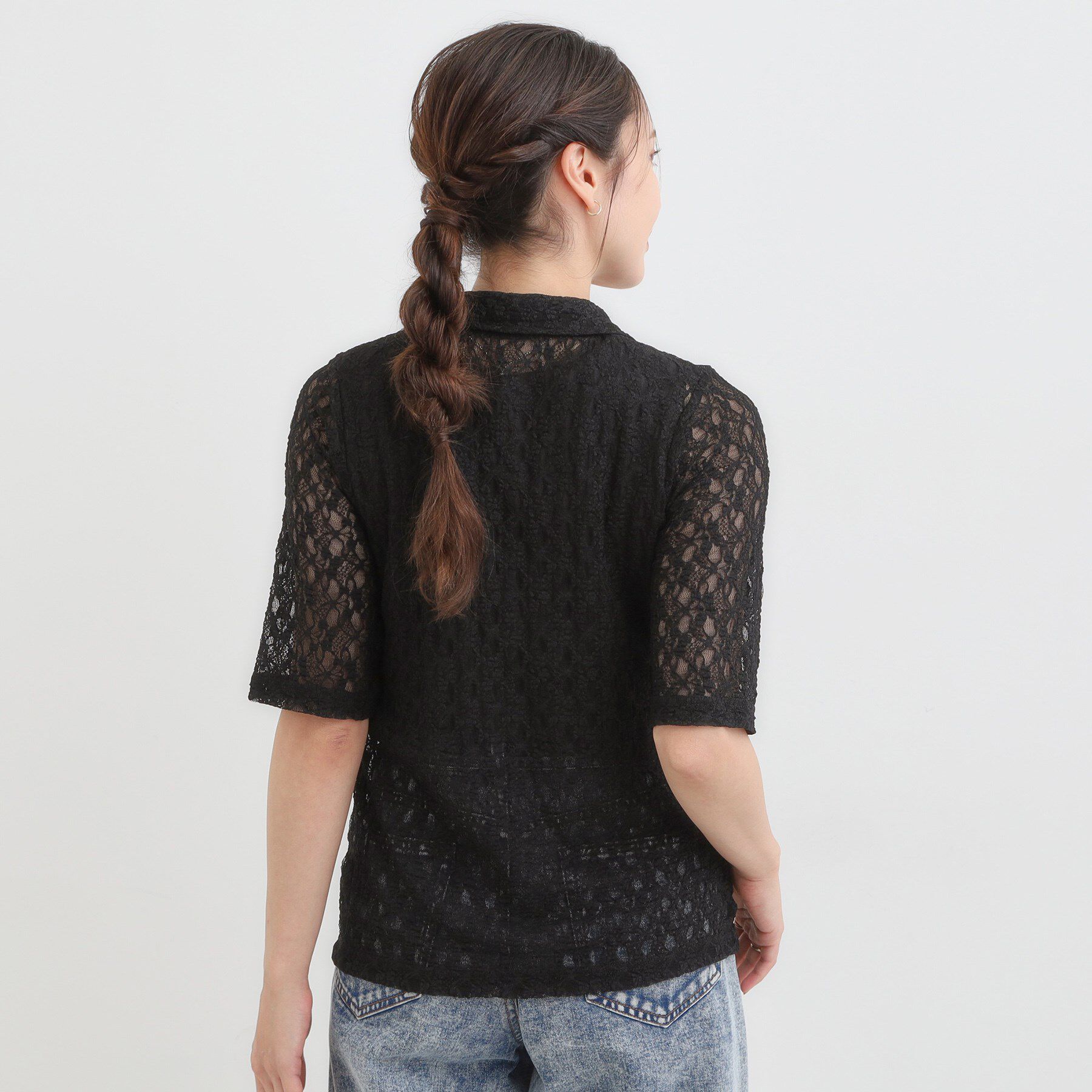 SHOO･LA･RUE「【S-LL/5分袖】大人の抜け感 襟付きレーストップス」|Tシャツ・カットソー|