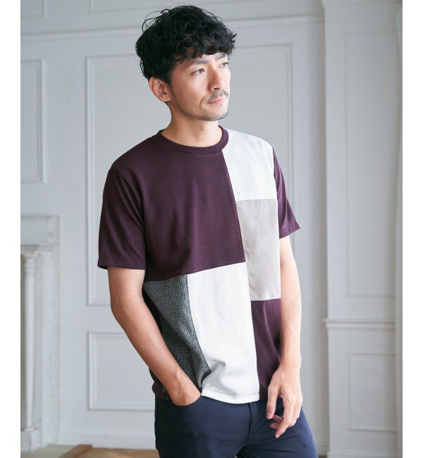 ikka「ブロックスCHスエード切り替えTシャツ」|Tシャツ・カットソー|