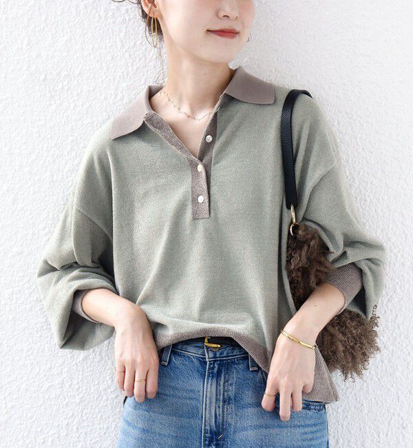 SHIPS for women「【WEB限定】〈手洗い可能〉モール パイル 配色 / ボーダー ポロ ニット」|ニット・セーター|ライトグリーン
