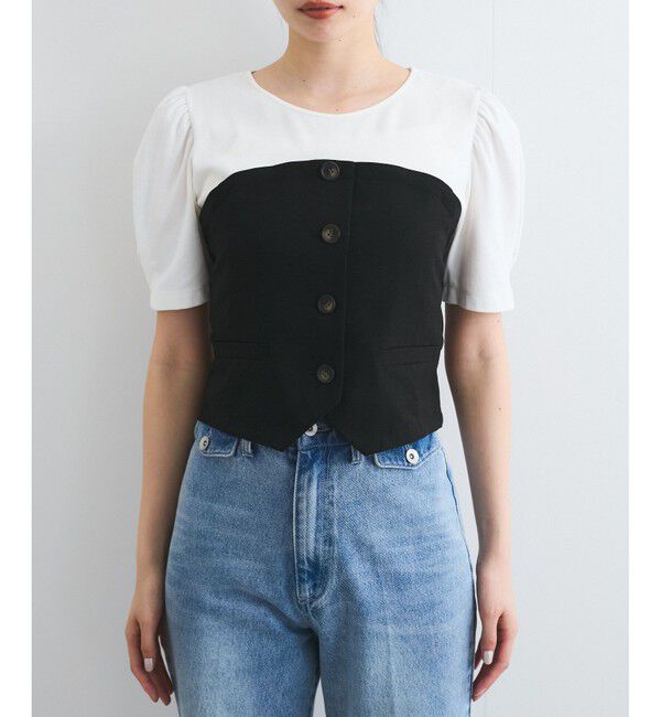 VIS「【新色追加】【美easy】釦ビスチェTシャツドッキングプルオーバー【接触冷感/洗える】」|Tシャツ・カットソー|