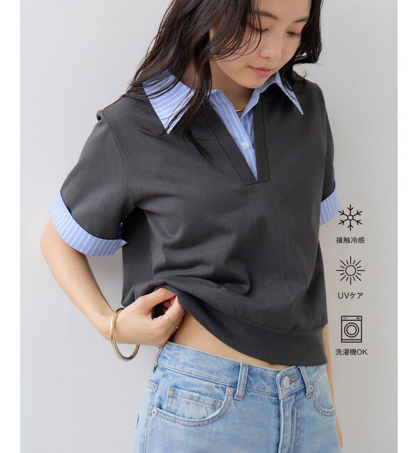 VIS「ICE BEAUTY ドッキング衿ハーフスリーブプルオーバー/UVケア・接触冷感・汗染み防止」|Tシャツ・カットソー|チャコール(06)