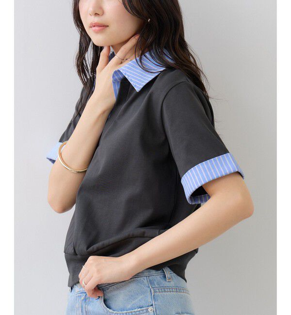 VIS「ICE BEAUTY ドッキング衿ハーフスリーブプルオーバー/UVケア・接触冷感・汗染み防止」|Tシャツ・カットソー|