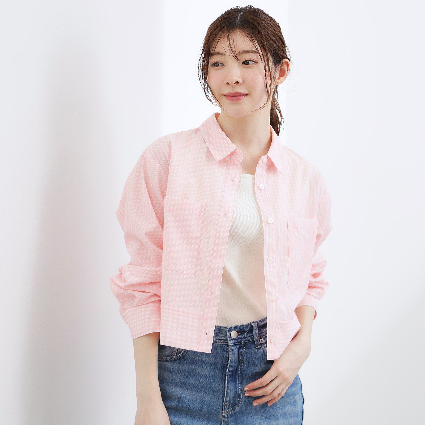 grove「【イージーケア】麻混クロップドシャツ」|シャツ・ブラウス|ピンクストライプ(3