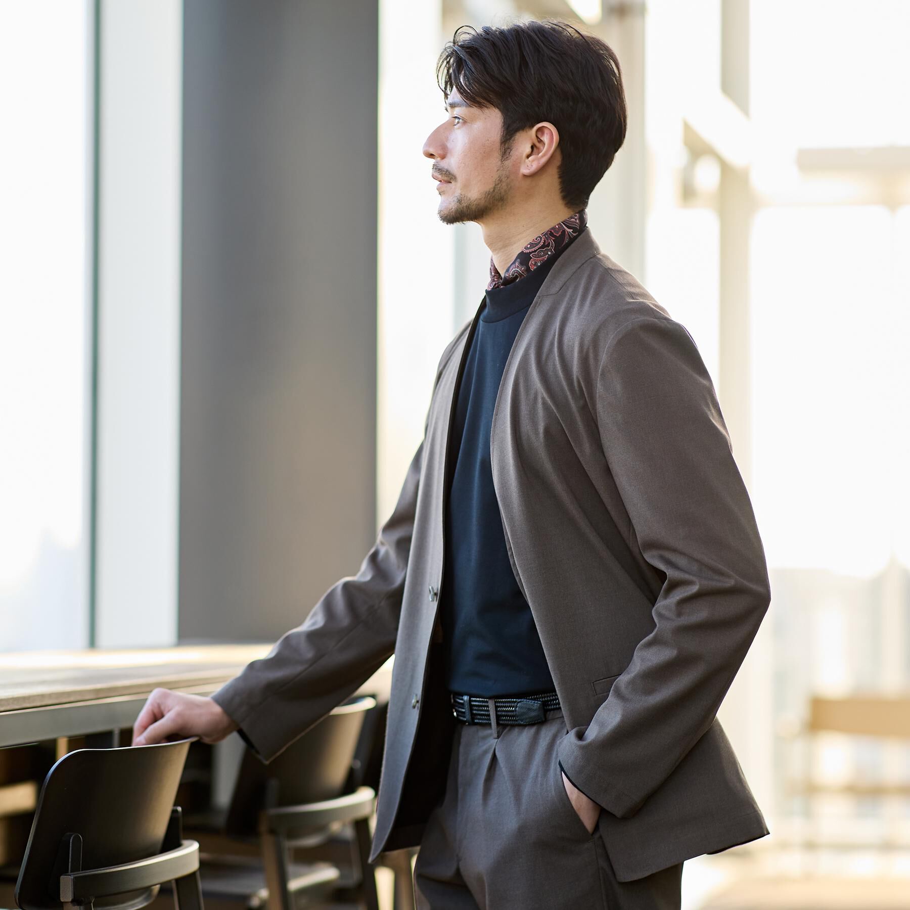 TAKEO KIKUCHI「【ON／OFF兼用】CARREMANファブリック ノーカラージャケット」|ノーカラージャケット|