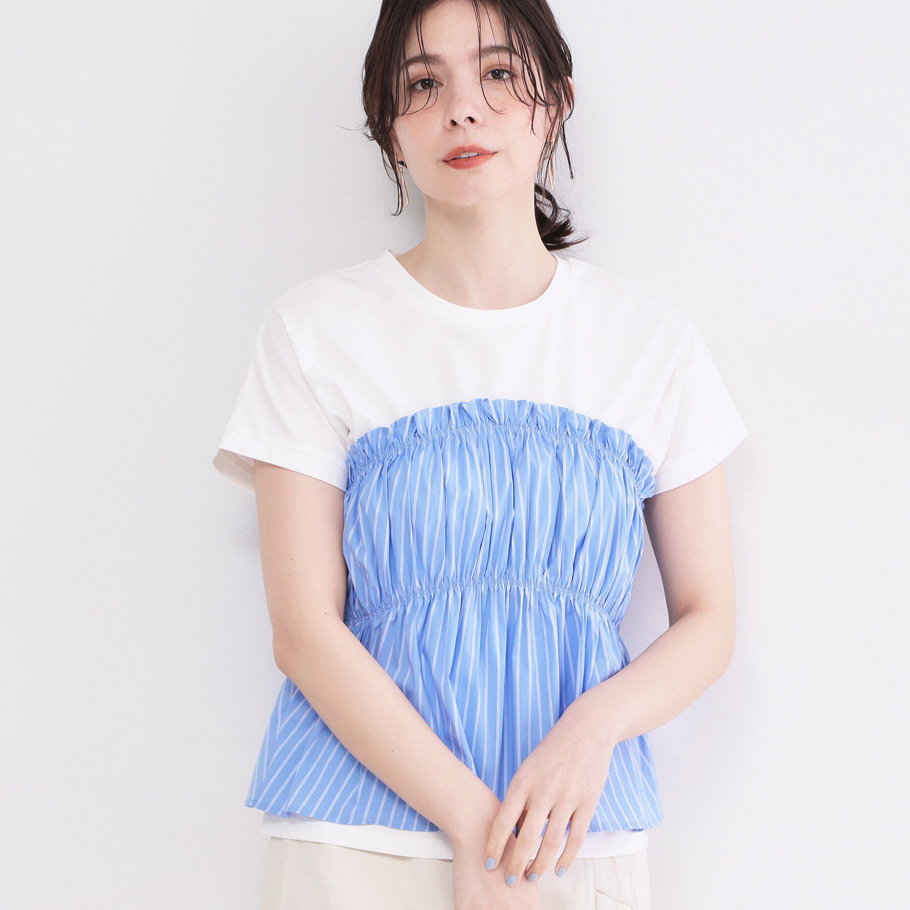 OPAQUE.CLIP「ビスチェドッキングTシャツ【洗濯機OK】」|Tシャツ・カットソー|ブルー(591)