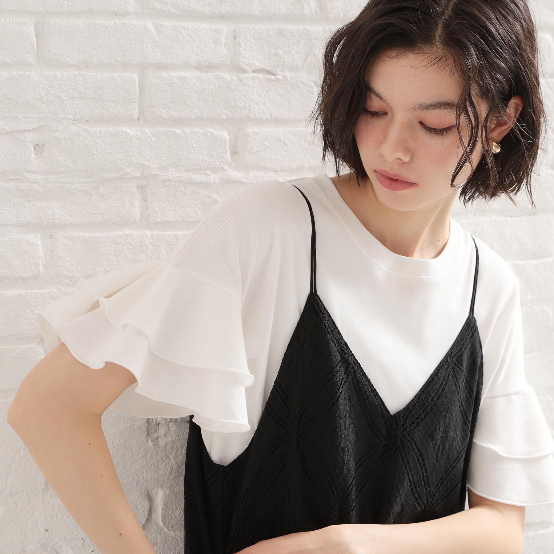 THE SHOP TK「【汗染み防止】袖フリルTシャツ【UVカット/洗濯機OK】」|Tシャツ・カットソー|オフホワイト(003