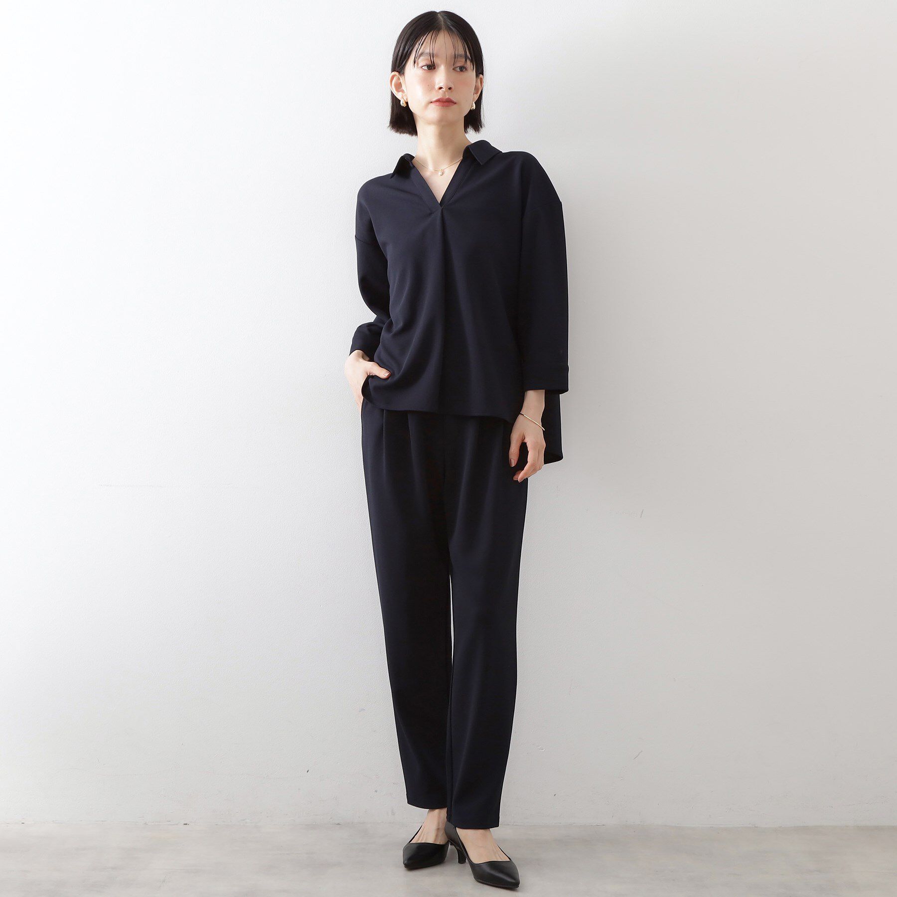 THE SHOP TK「【着るだけでコーディネートが決まる】スキッパーブラウス&パンツセット」|スーツ|ネイビー(994)