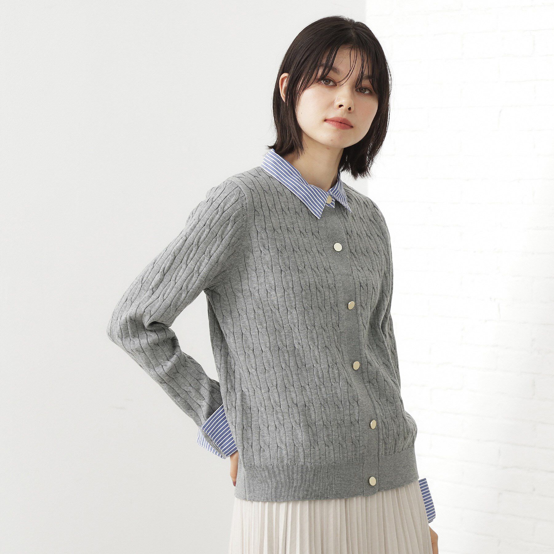 THE SHOP TK「【着るだけでコーデ完成】シャツレイヤード風 ケーブルニット」|ニット・セーター|