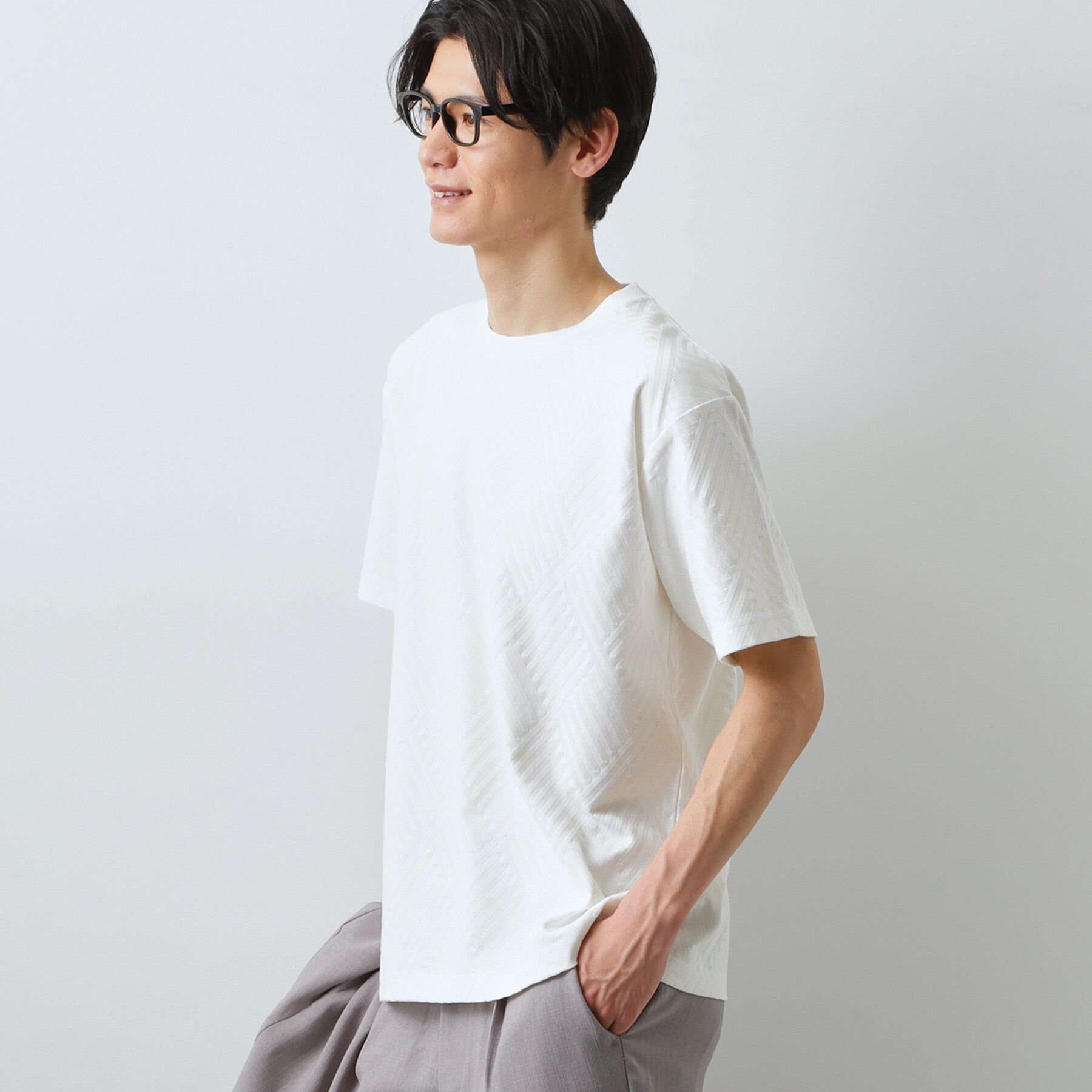 THE SHOP TK「【ジャケットインにもおすすめ！】ジャカード リンクス半袖Tシャツ 洗濯機OK」|Tシャツ・カットソー|