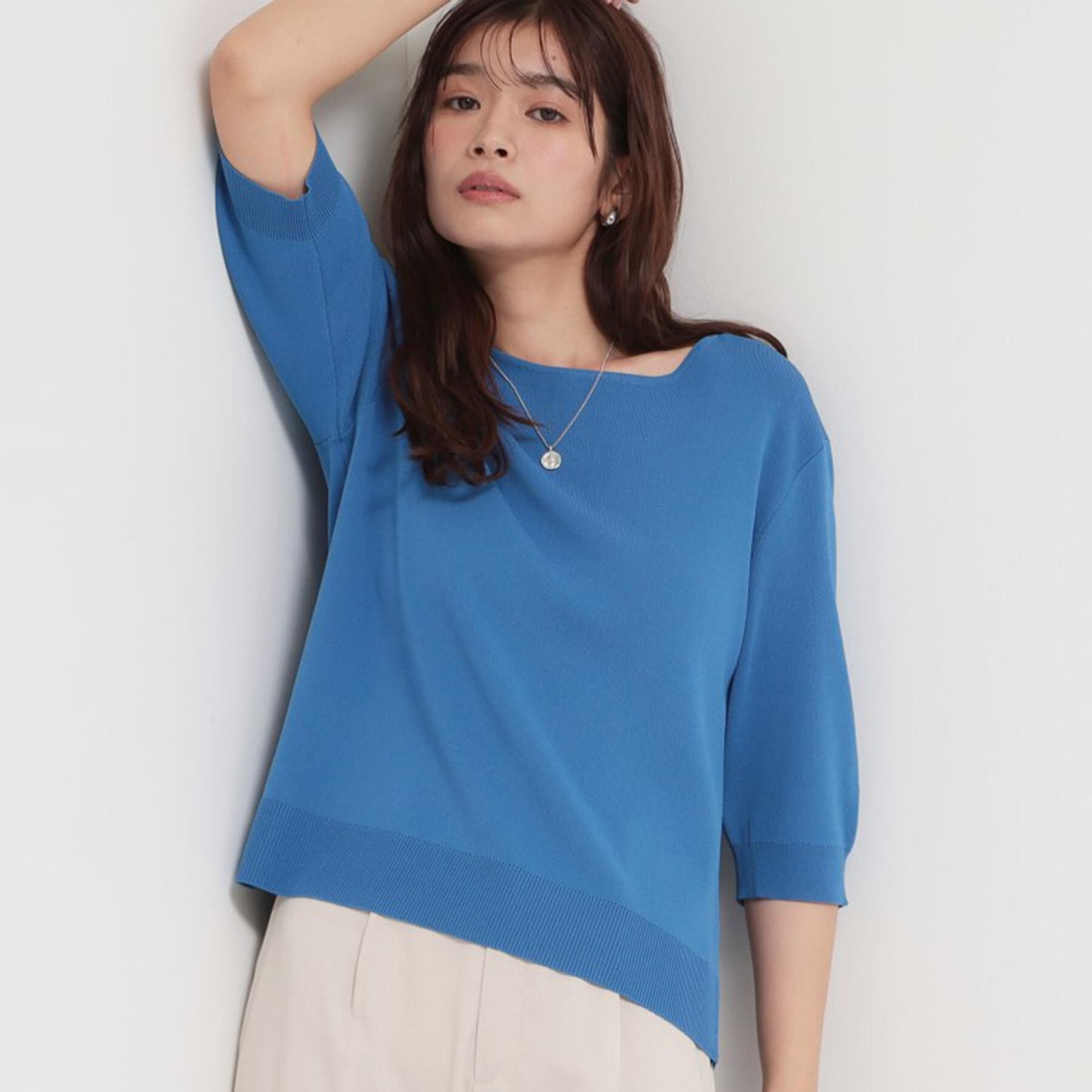 THE SHOP TK「【S-XL/ひんやりタッチ】美しさ際立つ 6分袖ニット 洗濯機OK/UVケア/毛玉になりにくい」|ニット・セーター|