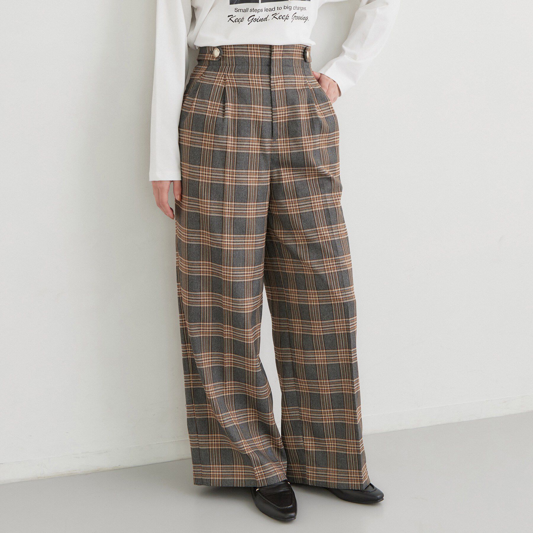 THE SHOP TK「【ウエスト位置を高く見せる】チェック柄アソートワイドパンツ」|その他|チャコールグレー(2