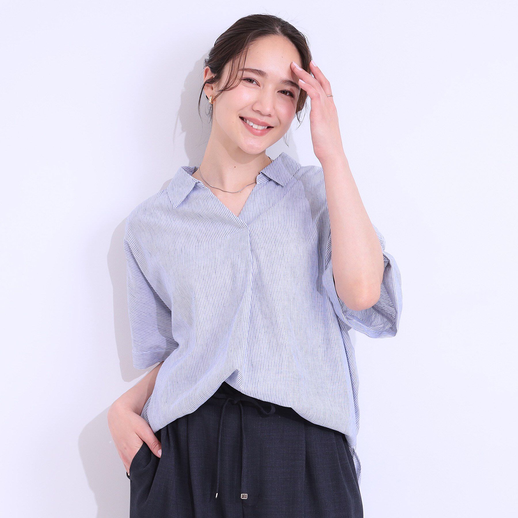 SHOO･LA･RUE「【S-LL/UV/接触冷感/抗菌防臭】体型を自然にカバー フレンチリネンブレンド襟付ドルマンシャツ」|シャツ・ブラウス|