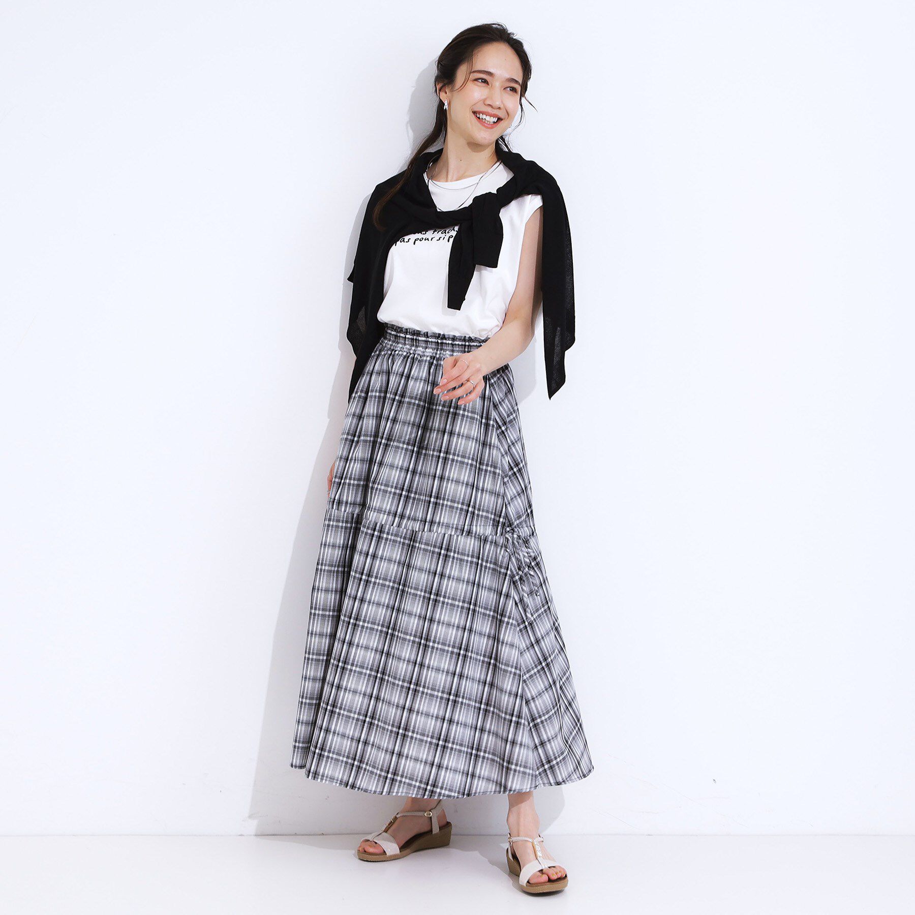 SHOO･LA･RUE「【S-LL】シルエットが変えられる チェック柄リボンフレアスカート」|スカート|
