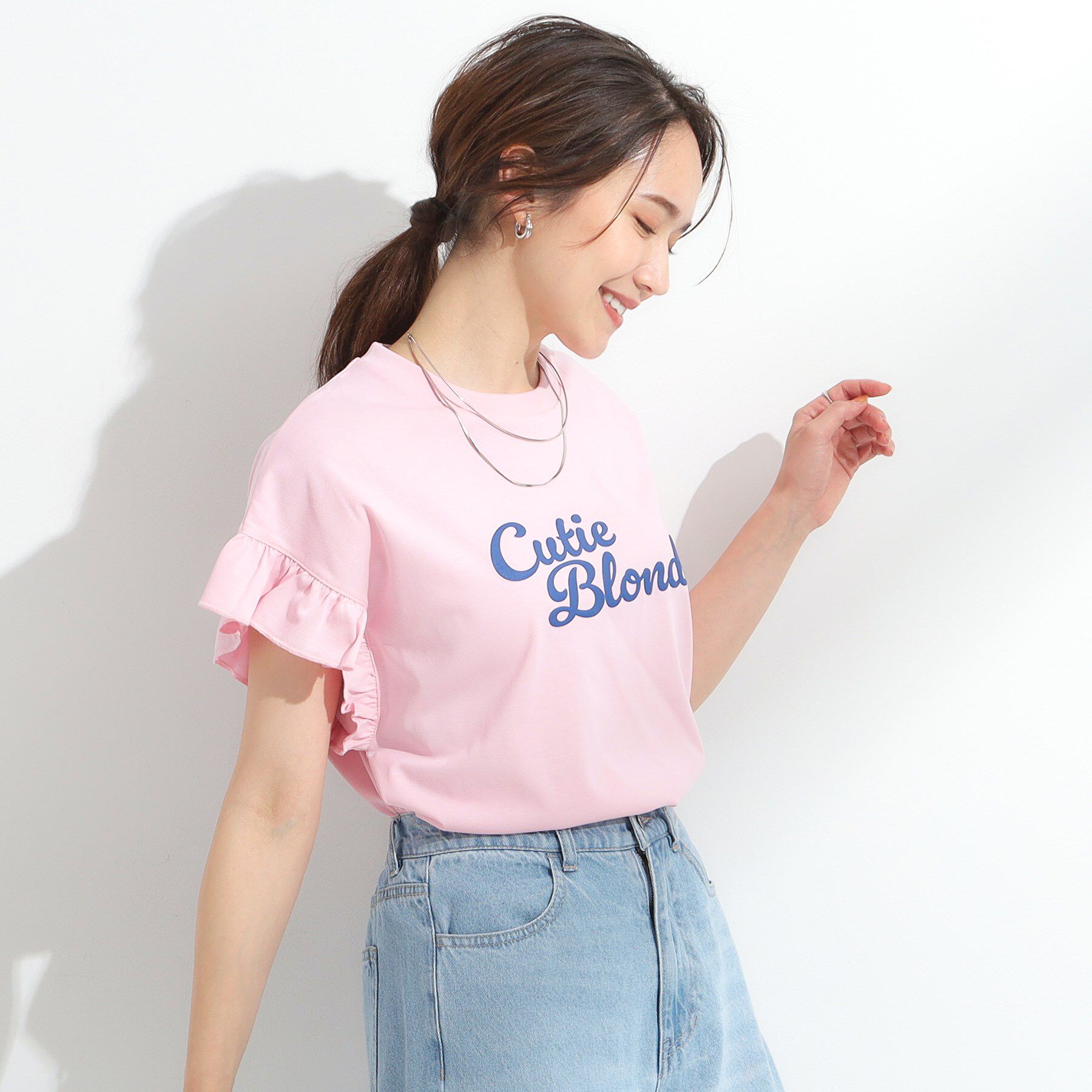 SHOO･LA･RUE「【S-LL/汗ジミ軽減/ひんやり/UVカット】フリルTシャツ」|Tシャツ・カットソー|