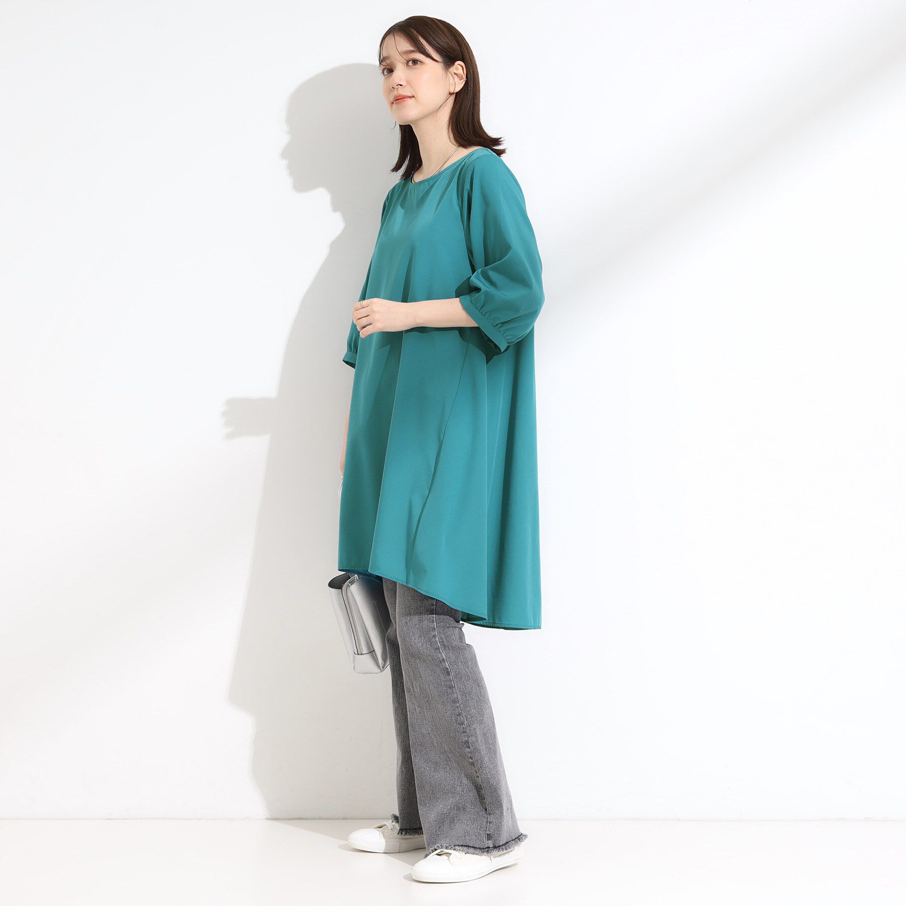 SHOO･LA･RUE「【S-LL/洗濯後しわになりにくい/UV/6分袖】コットン風 Aラインチュニックワンピース」|チュニック|