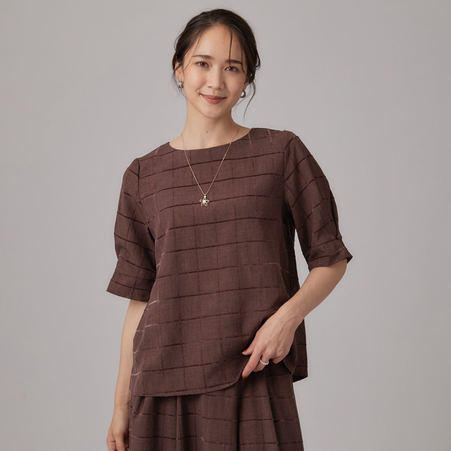 SHOO･LA･RUE「【セットアップ可/S-LL】1枚で秋気分 モールチェックタックスリーブ ブラウス」|シャツ・ブラウス|