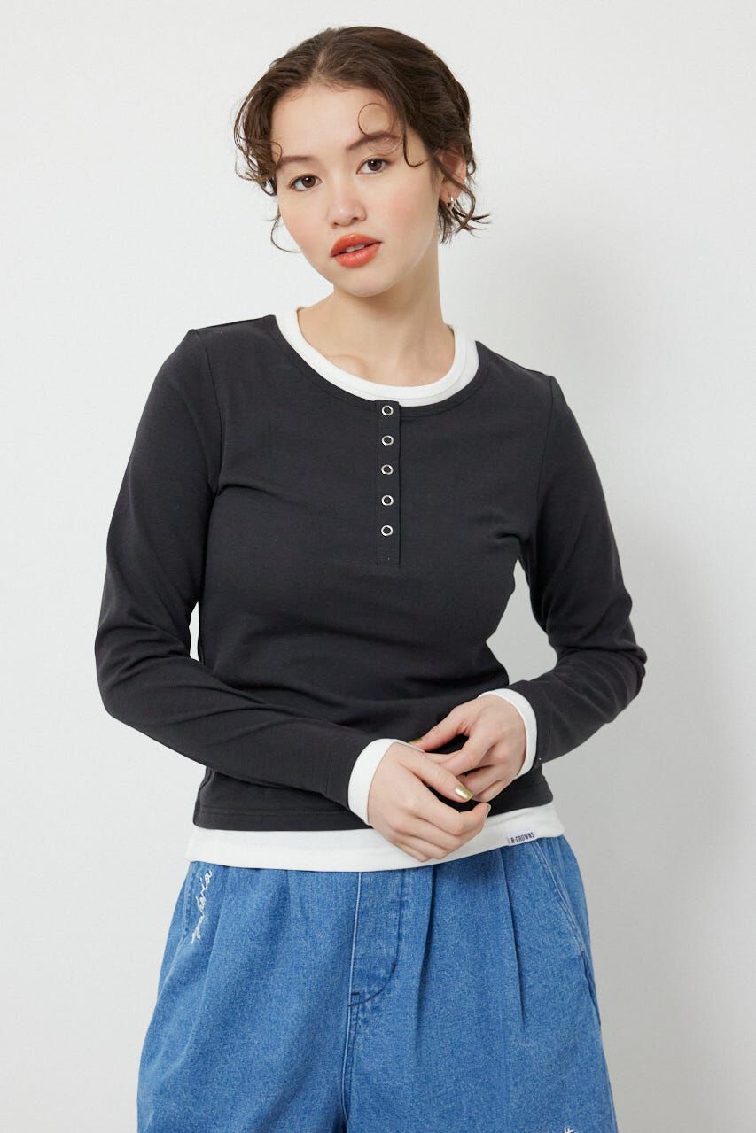 RODEO CROWNS「フェイクレイヤードヘンリーネックトップス」|Tシャツ・カットソー|L/BLK1
