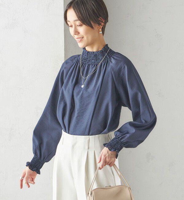 SHIPS for women「〈洗濯機可能〉シャーリング ネック 長袖 ブラウス」|シャツ・ブラウス|ネイビー