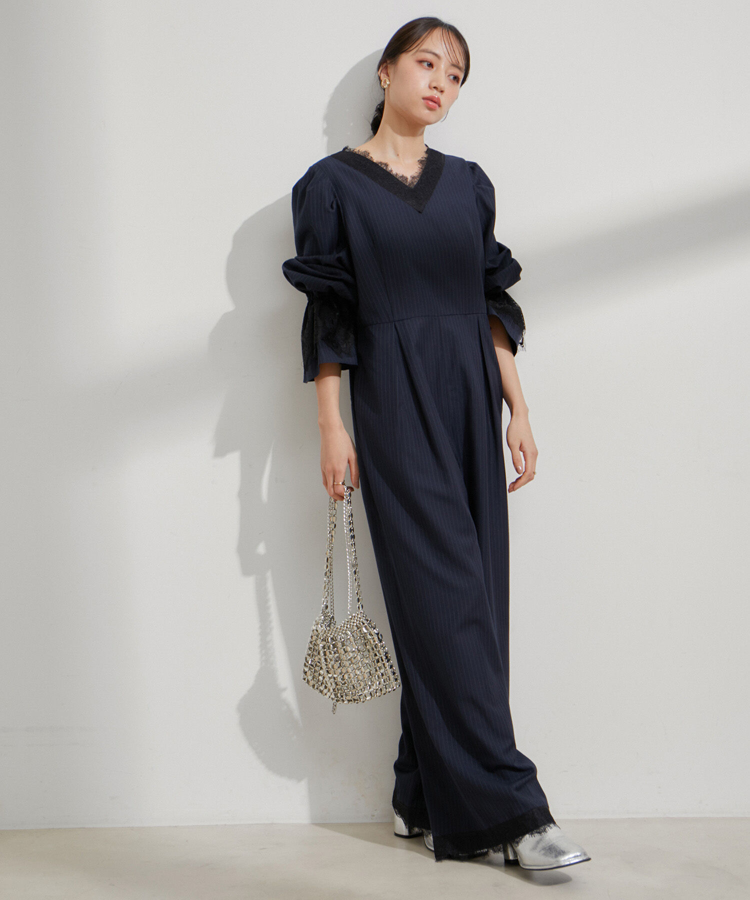 VIS「【VIS DRESS】ピンストライプレースオールインワン【洗える】」|オールインワン|