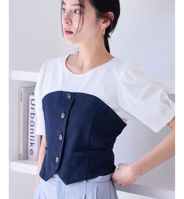 VIS「【新色追加】【美easy】釦ビスチェTシャツドッキングプルオーバー【接触冷感/洗える】」|Tシャツ・カットソー|ネイビー(40)