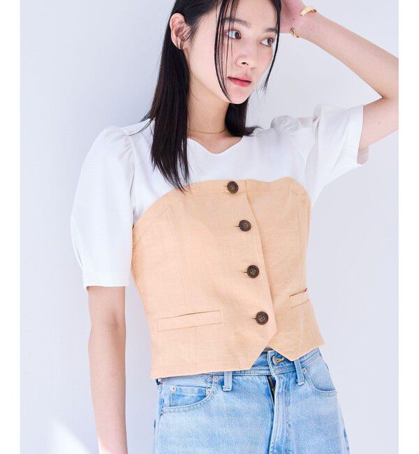 VIS「【新色追加】【美easy】釦ビスチェTシャツドッキングプルオーバー【接触冷感/洗える】」|Tシャツ・カットソー|