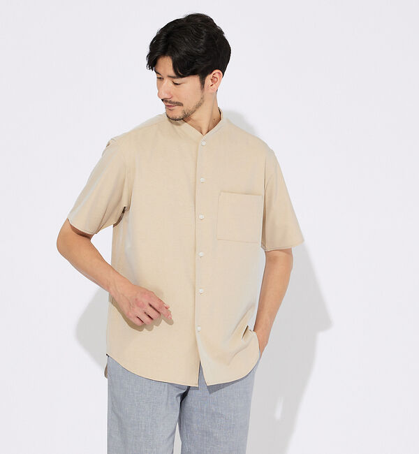 ABAHOUSE「【変形襟】トロミシャンブレー カラーレス 半袖シャツ / バンドカラー」|シャツ・ブラウス|ベージュ系その他1