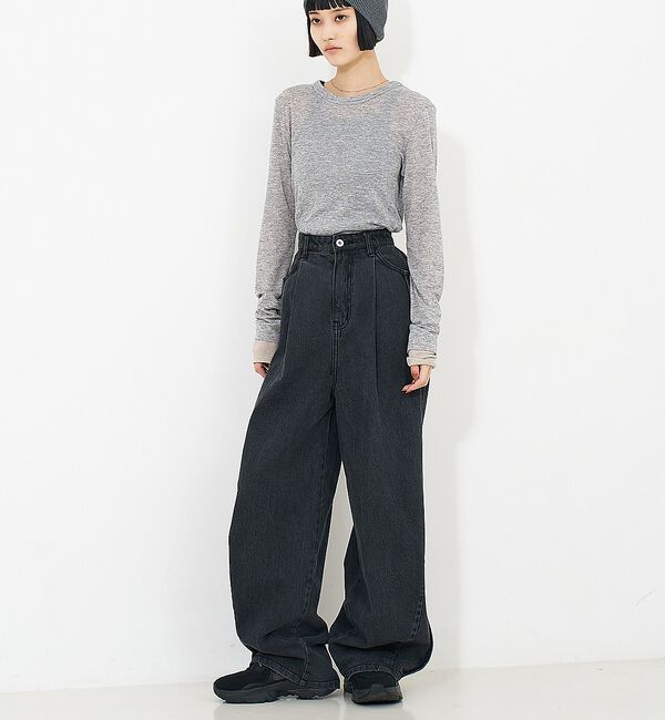 NOMINE「サイドライン タック ワイド ハイウエスト デニムパンツ」|デニム|