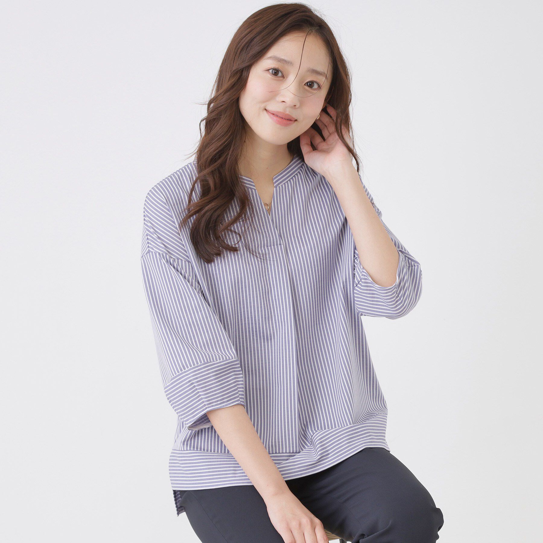 COUP DE CHANCE「【手洗い可／日本製】ストライプ柄ジャージートップス」|Tシャツ・カットソー|ブルー(393)