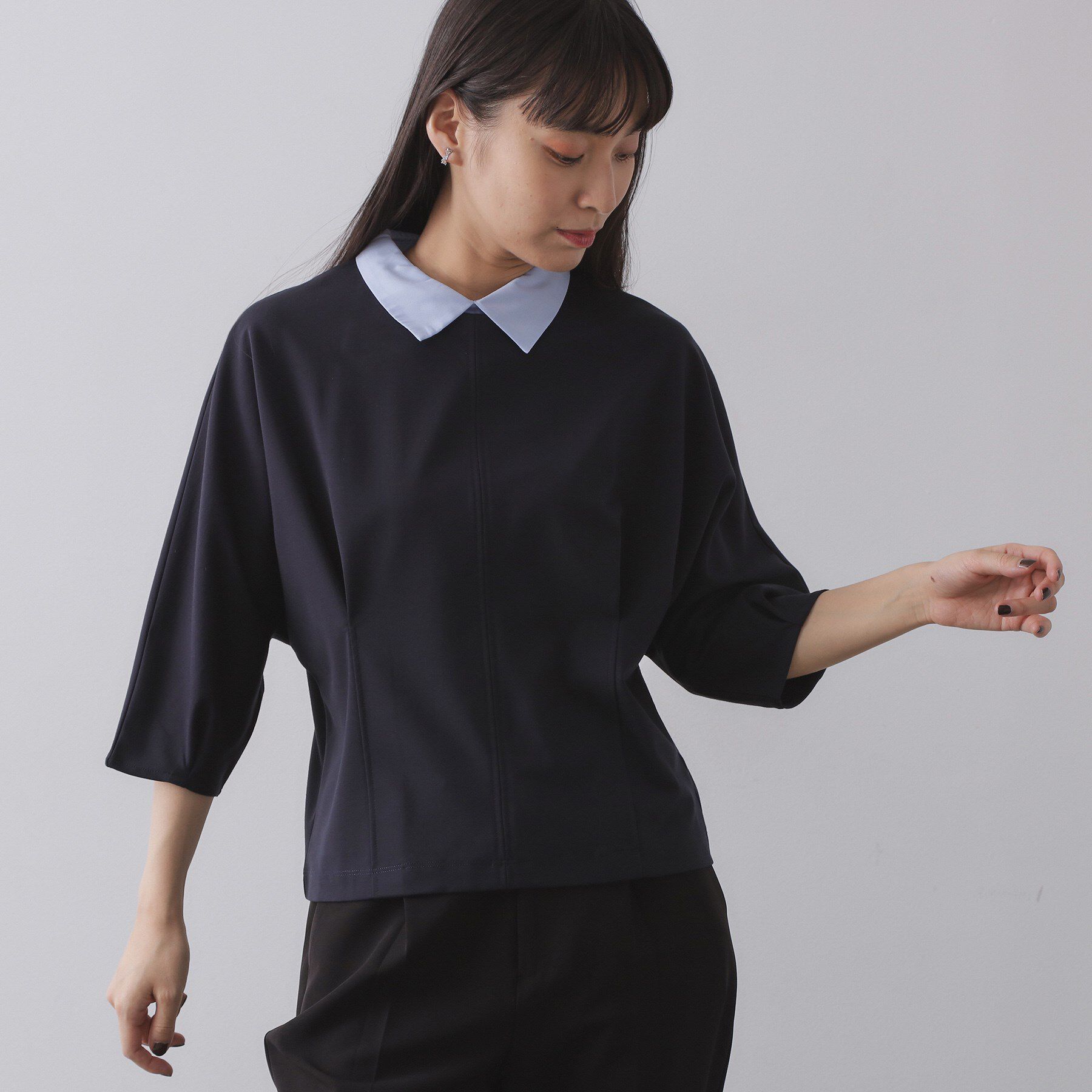 OPAQUE.CLIP「襟付きドルマントップス【洗濯機OK】」|Tシャツ・カットソー|ネイビー(094)
