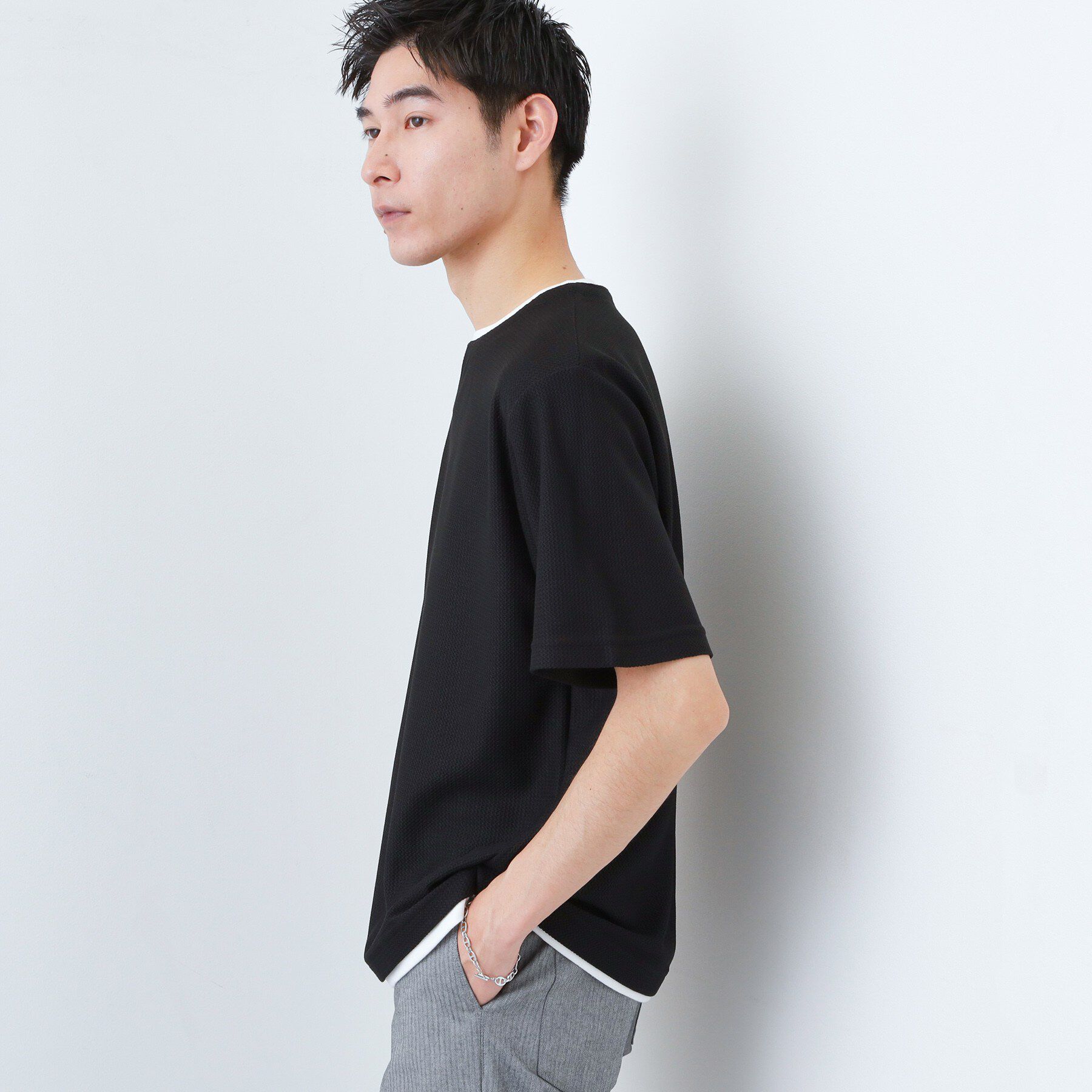 THE SHOP TK「【一枚でコーディネートが完成！】レイヤード風 キーネック 半袖Tシャツ 洗濯機OK」|Tシャツ・カットソー|