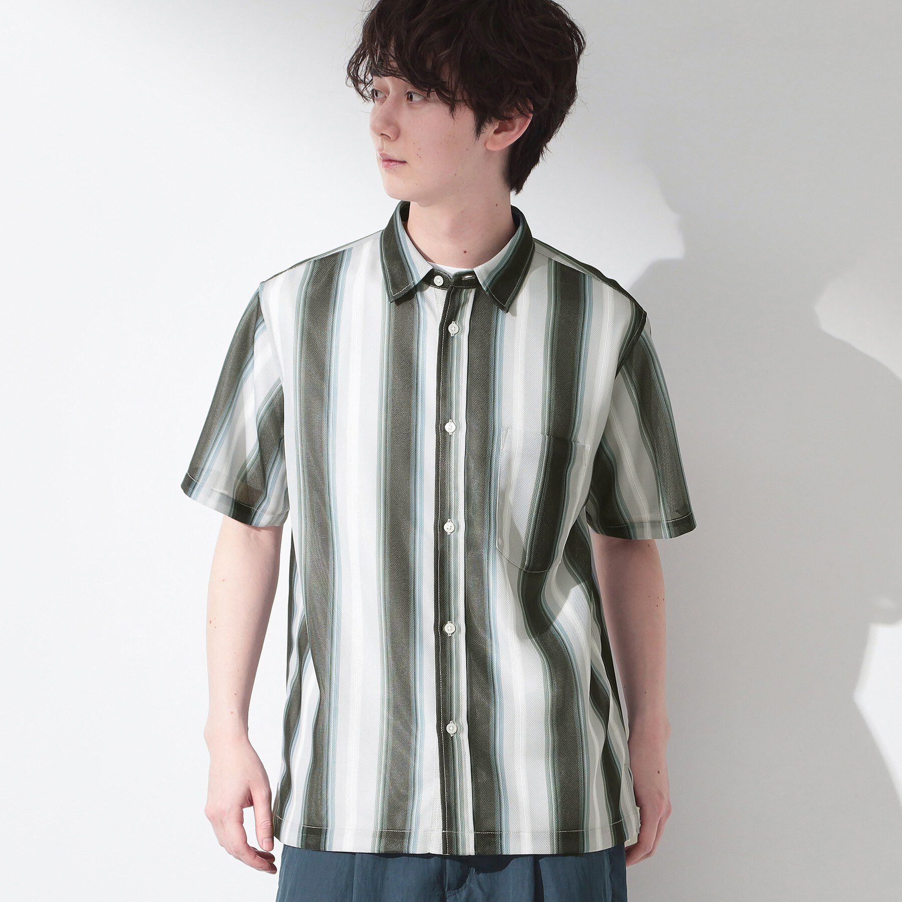 THE SHOP TK「メッシュ ストライプ半袖シャツ 洗濯機OK／通気性◎」|シャツ・ブラウス|ブラック(319)