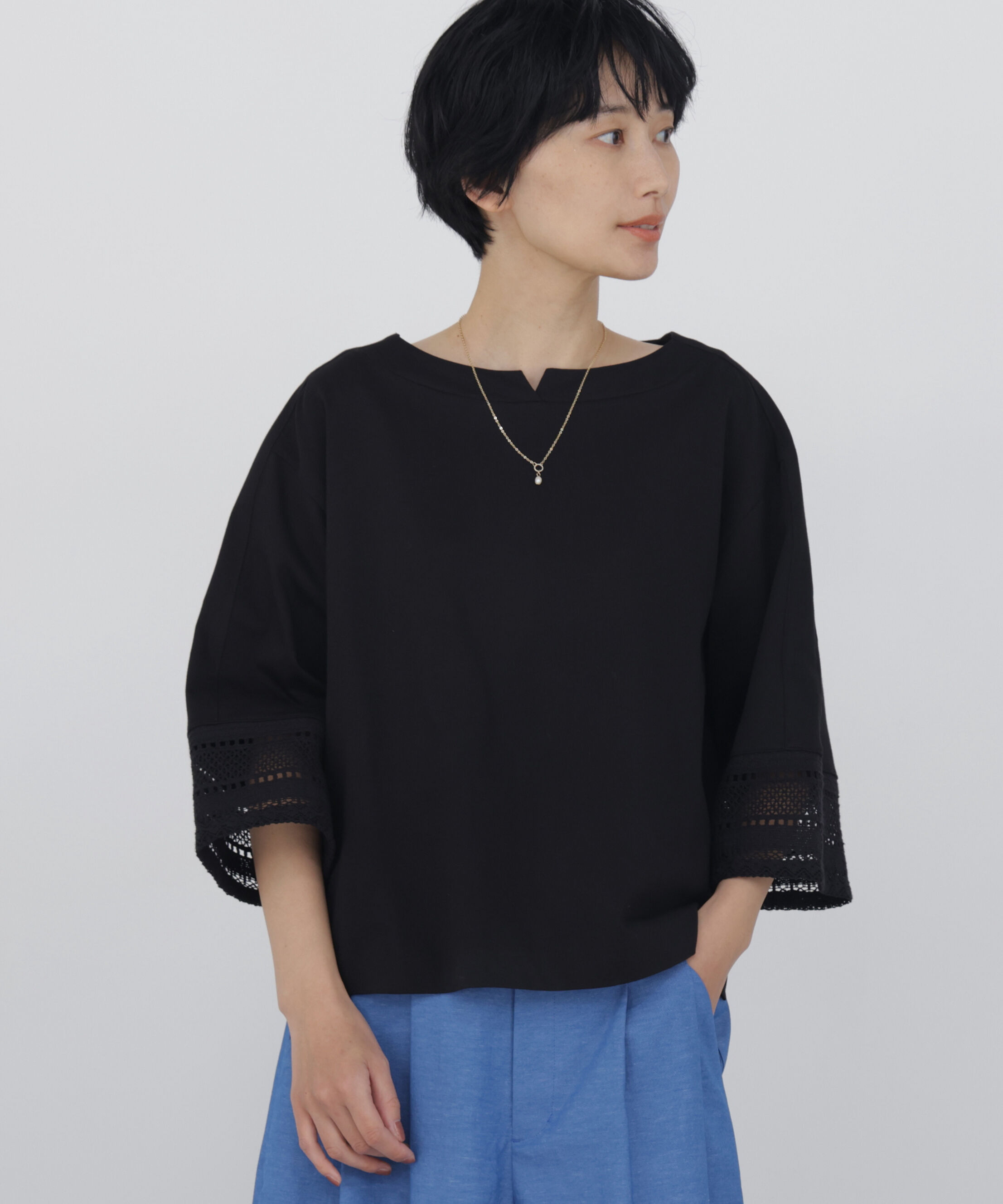  「◆袖レース強撚糸ＴＯＰＳ」|Tシャツ・カットソー|ブラック