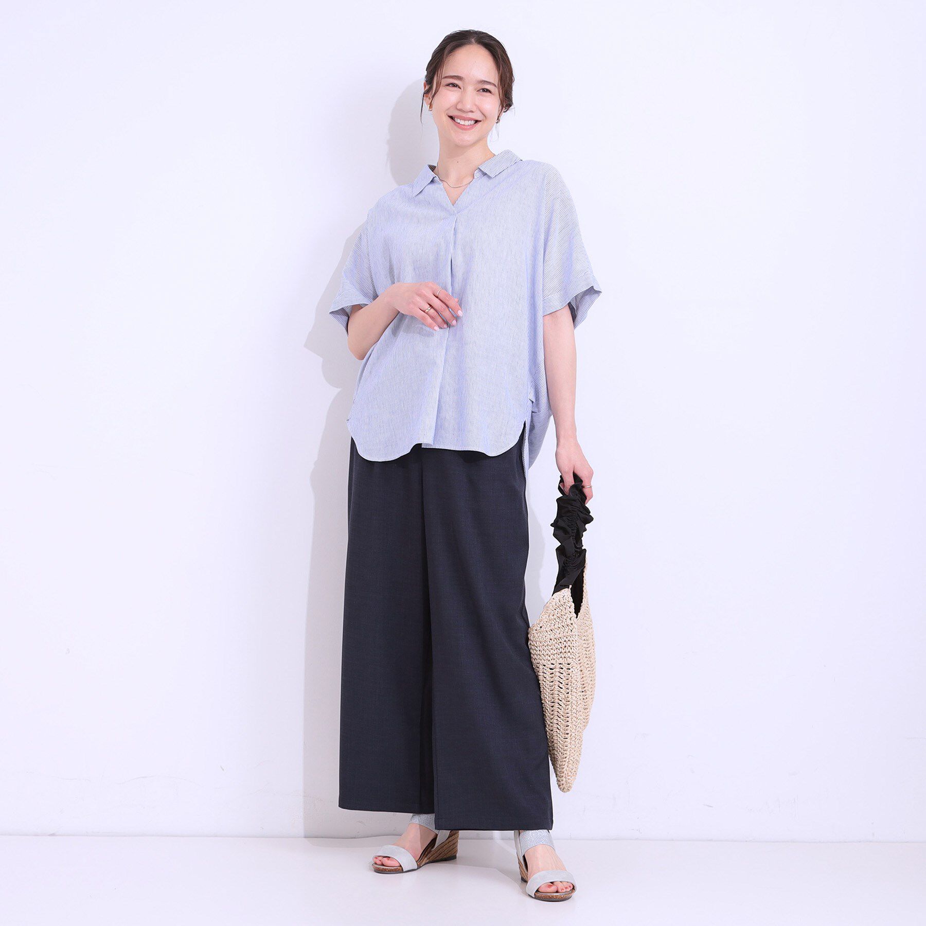 SHOO･LA･RUE「【S-LL/UV/接触冷感/抗菌防臭】体型を自然にカバー フレンチリネンブレンド襟付ドルマンシャツ」|シャツ・ブラウス|