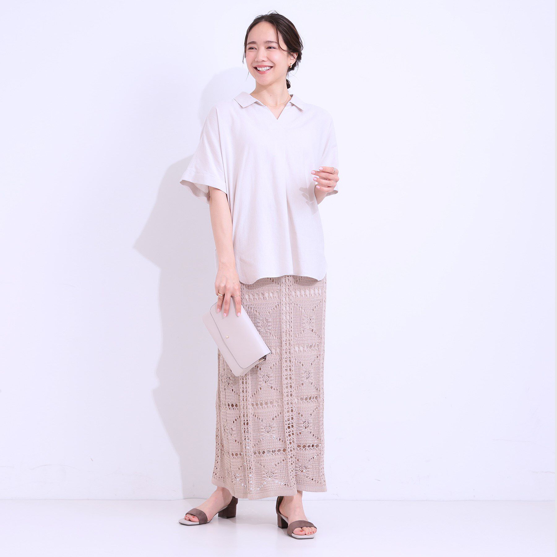 SHOO･LA･RUE「【S-LL/UV/接触冷感/抗菌防臭】体型を自然にカバー フレンチリネンブレンド襟付ドルマンシャツ」|シャツ・ブラウス|