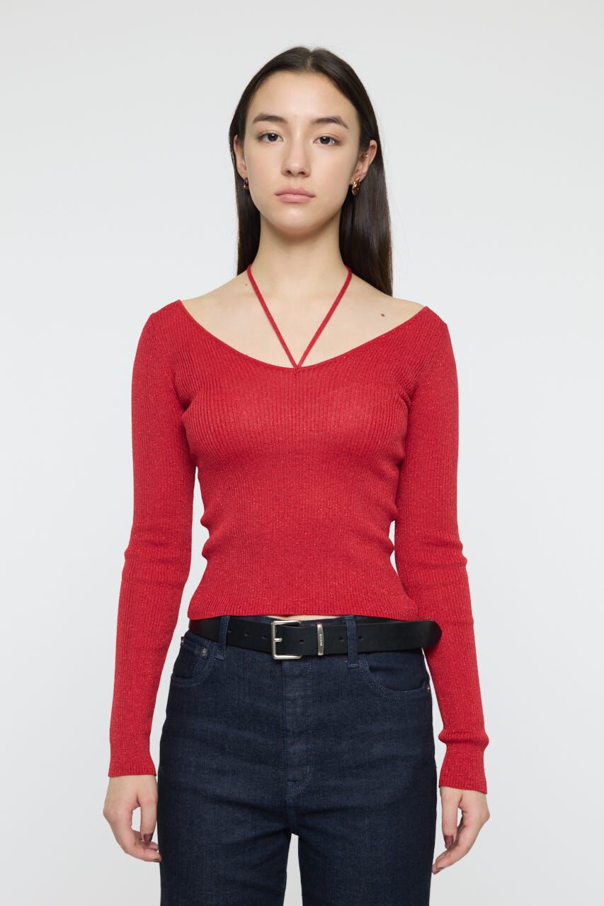 MOUSSY「GLITTER TIE KNIT トップス」|ニット・セーター|RED