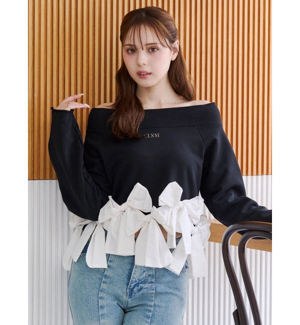 CALNAMUR「ヘムリボンオフショル裏毛トップス」|Tシャツ・カットソー|ブラック