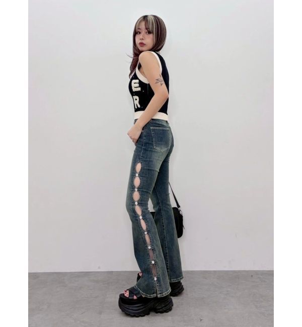 EVRIS「サイドビジューフレアデニムパンツ」|デニム|