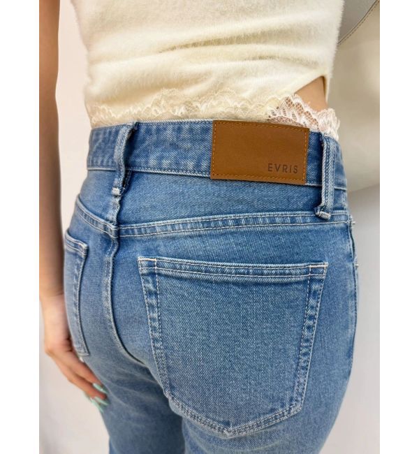 EVRIS「サイドリボンウエストレースフレアデニムパンツ」|デニム|