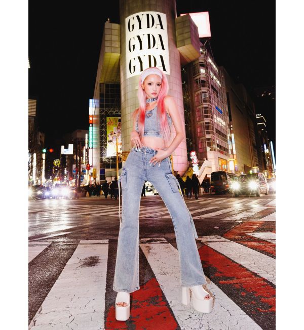 GYDA「ハイウエストsacred edge cross ZIPデザインフレアデニムパンツ」|デニム|