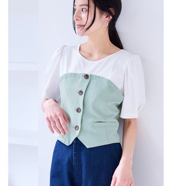 VIS「【新色追加】【美easy】釦ビスチェTシャツドッキングプルオーバー【接触冷感/洗える】」|Tシャツ・カットソー|