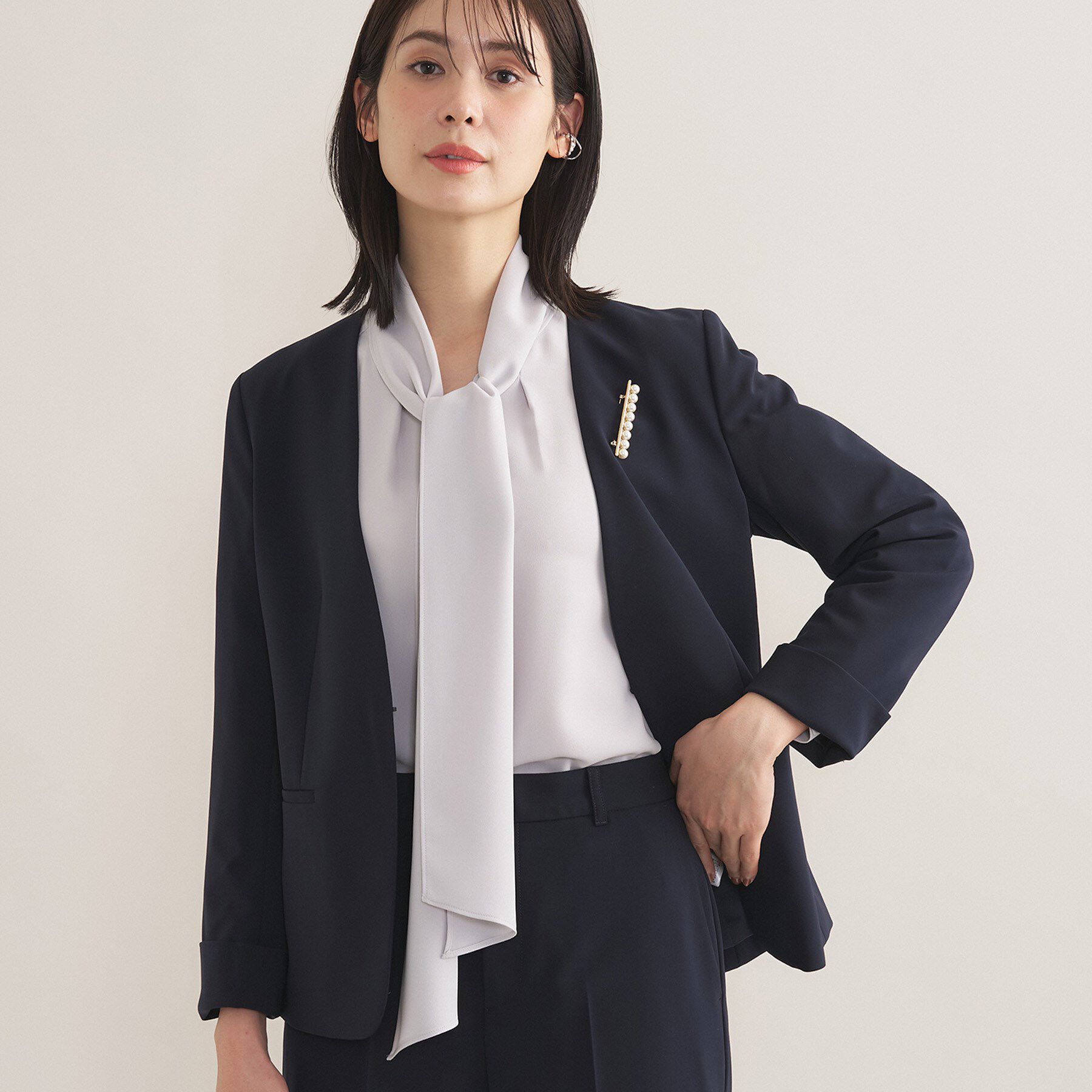 INDIVI「【通勤スーツ／洗える】ストレッチカラーレスジャケット」|スーツ|