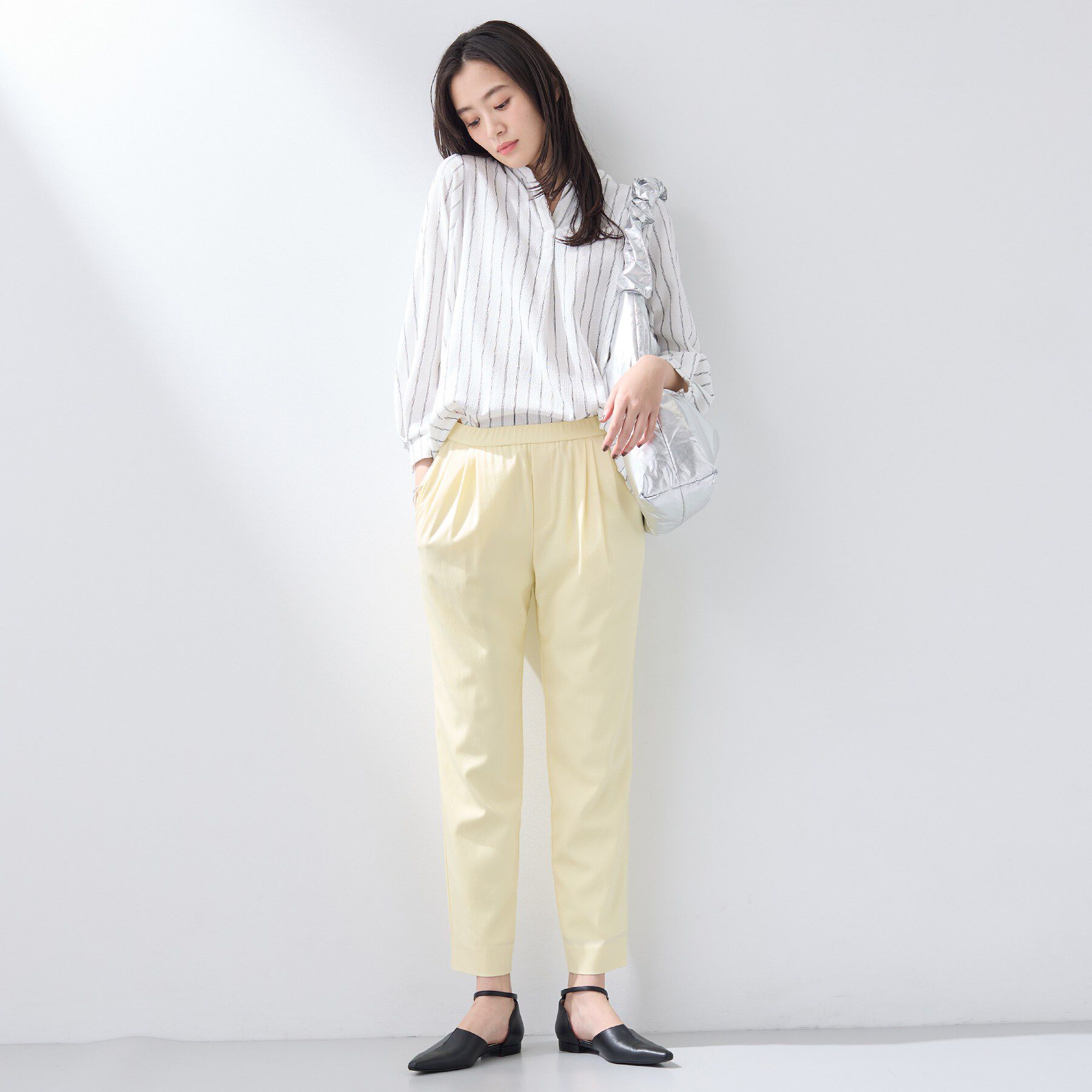 INDIVI「【洗える／着心地楽ちん】ブラウス風ストライプカットソートップス」|Tシャツ・カットソー|