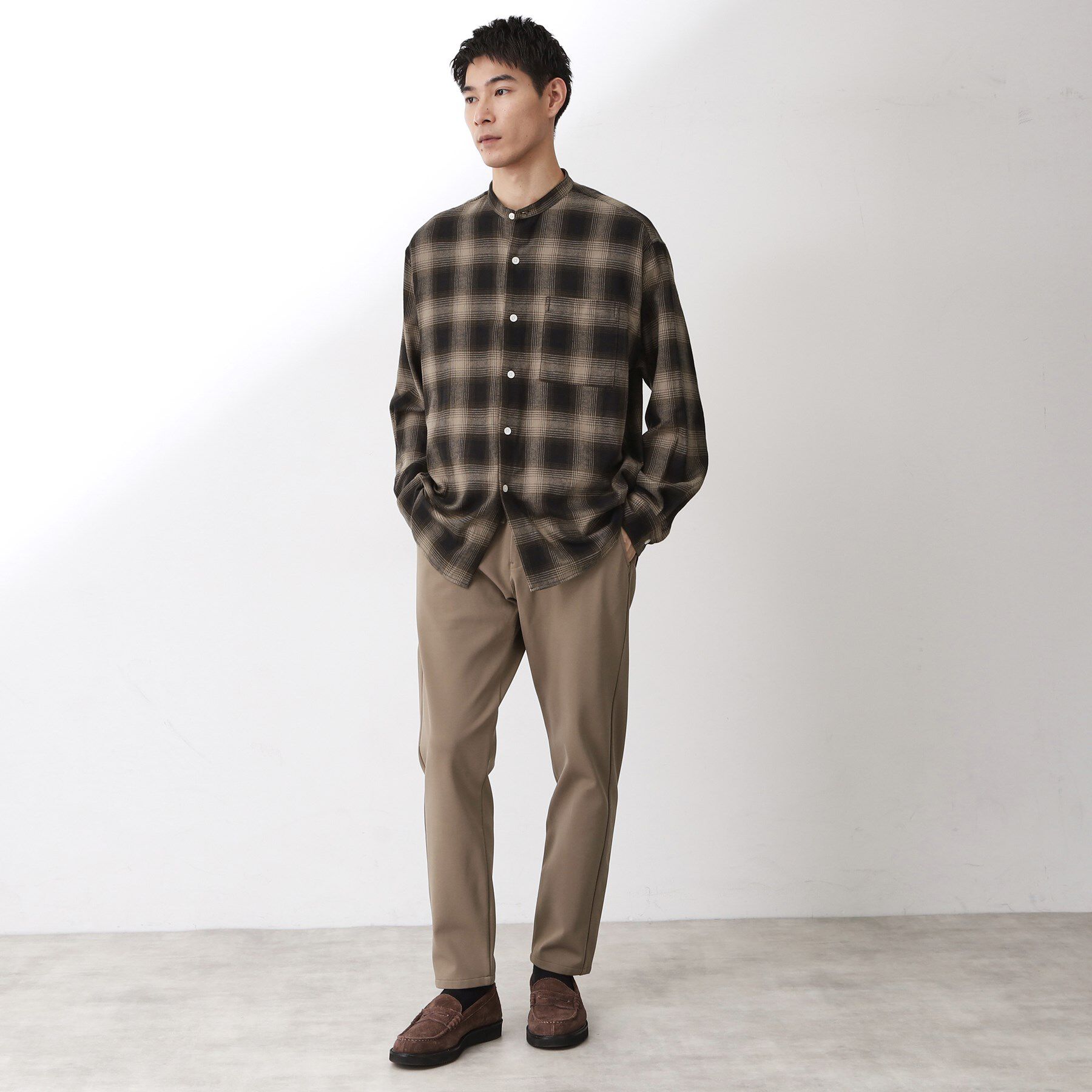 THE SHOP TK「オンブレーチェックバンドカラーシャツ 【洗濯機OK】」|シャツ・ブラウス|