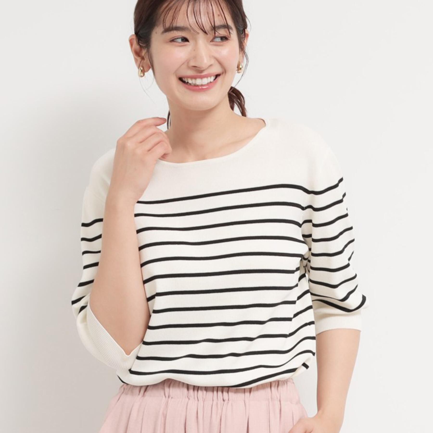 THE SHOP TK「【S-XL/ひんやりタッチ】美しさ際立つ 6分袖ニット 洗濯機OK/UVケア/毛玉になりにくい」|ニット・セーター|