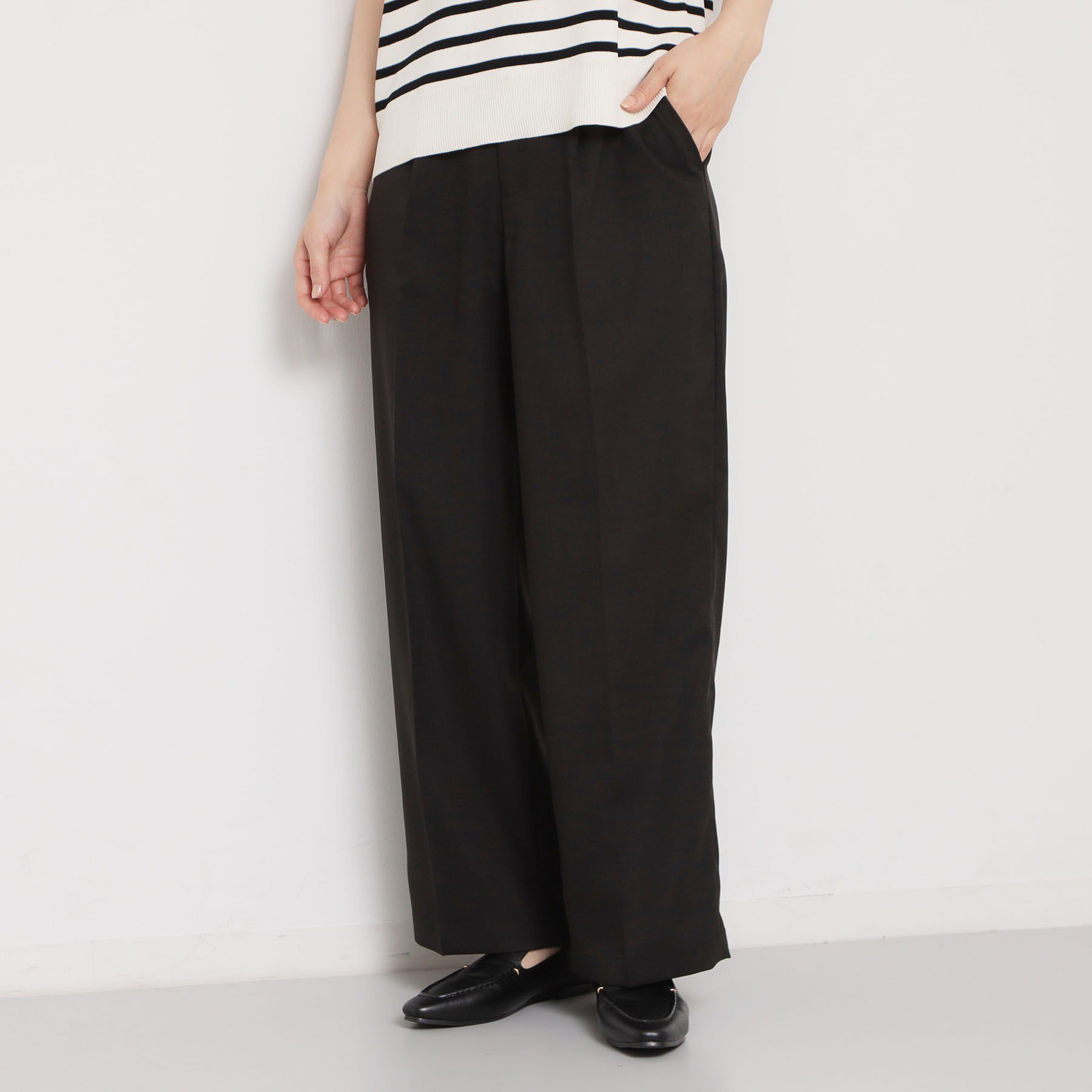 THE SHOP TK「【XS-XL/洗える】オン・オフ問わずきれいに決まる 麻調ワイドパンツ」|その他|ブラック(019)