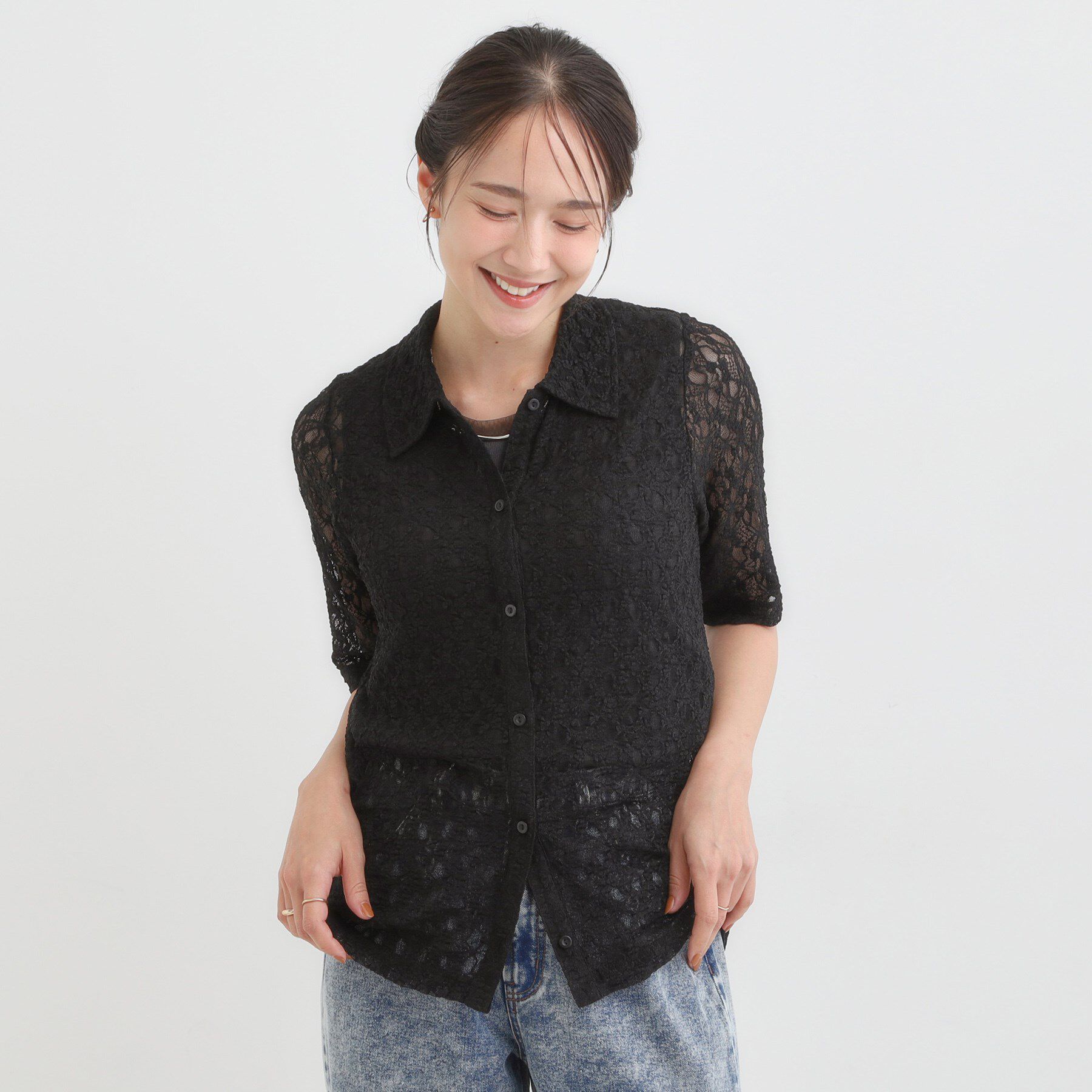 SHOO･LA･RUE「【S-LL/5分袖】大人の抜け感 襟付きレーストップス」|Tシャツ・カットソー|