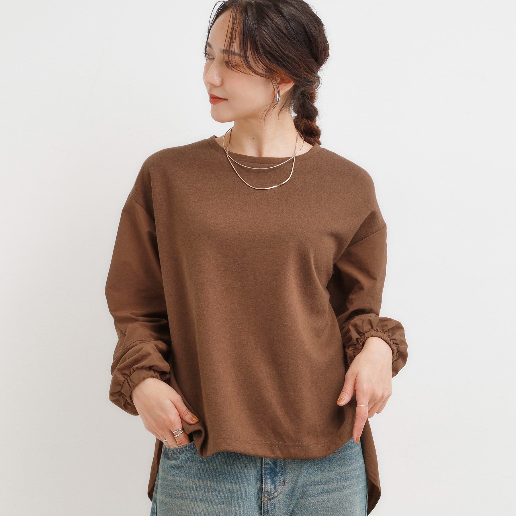 SHOO･LA･RUE「【S-LL】インせず決まる 背中タック入り パフ袖トップス」|Tシャツ・カットソー|モカブラウン(042