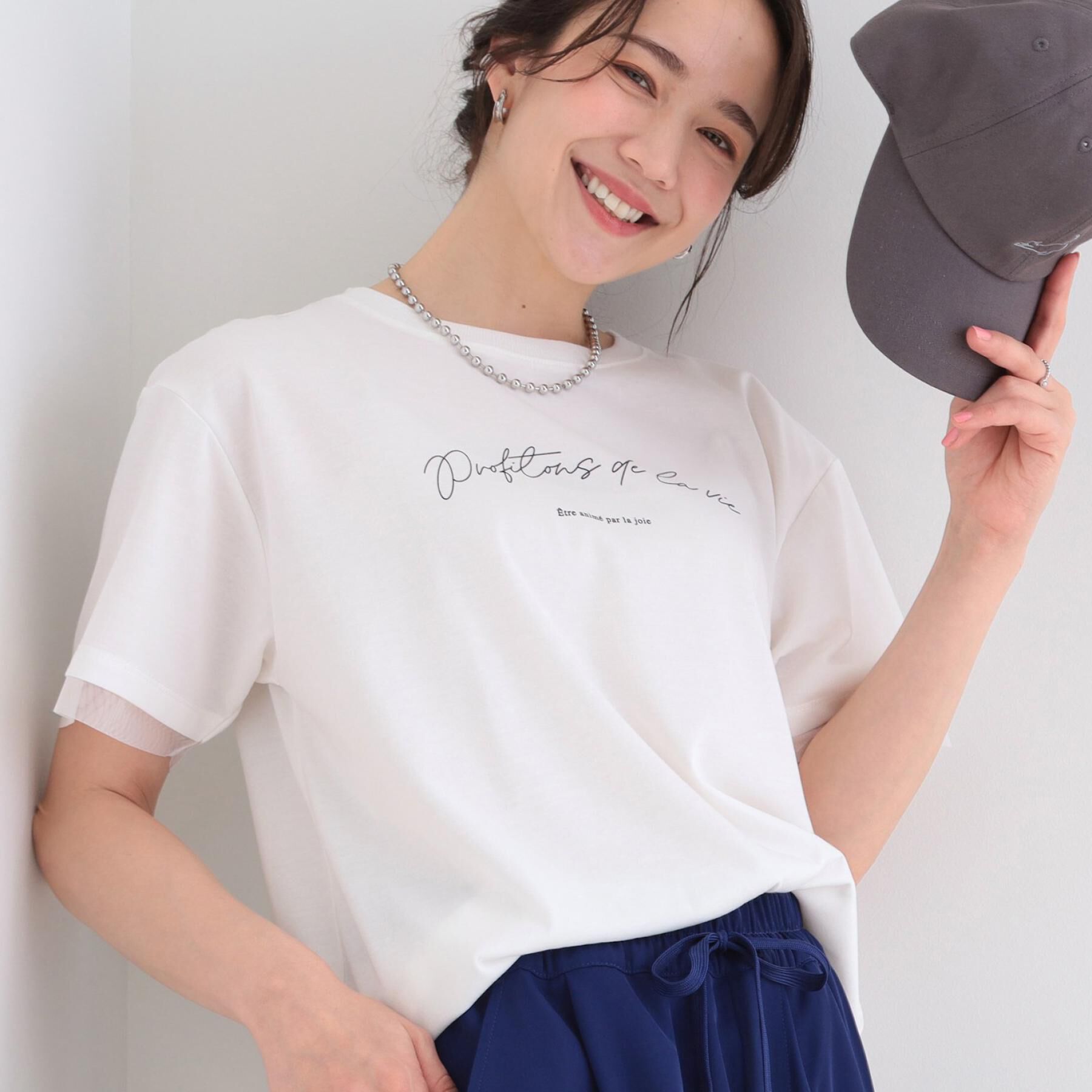 SHOO･LA･RUE「【ひんやり/S-LL/洗濯機可】色・柄選べる お袖チュールレイヤード プリントアソートTシャツ」|Tシャツ・カットソー|ホワイト(101)